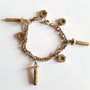 Vintage charm bracelet screws and nuts gold tone hardware construction tool